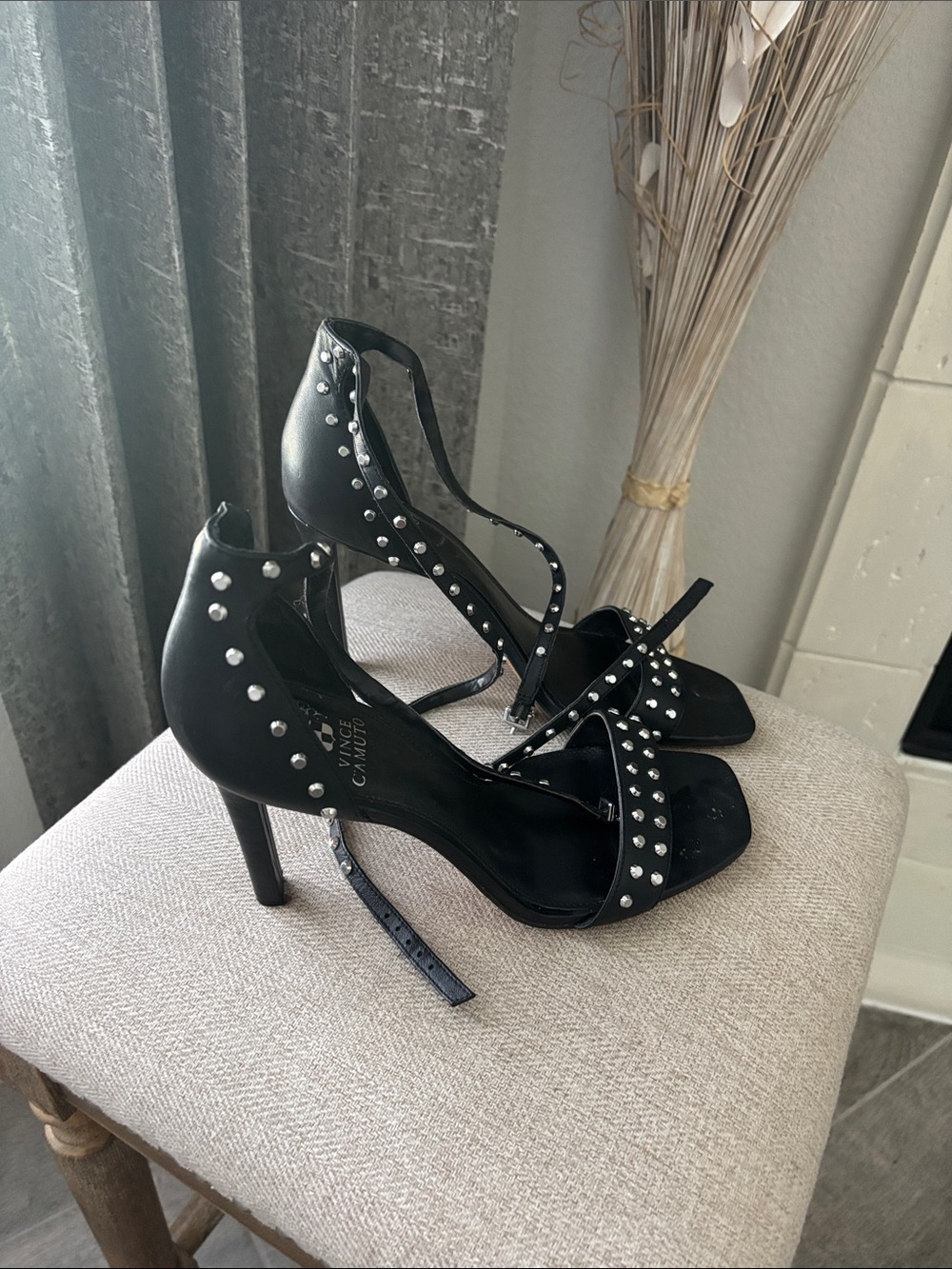 Vince Camuto Black Studded High Heel Sandals with Ankle Strap